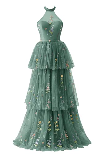 Cudiew Flower Embroidery Tulle Prom Dress for Women Halter Formal Floral Party Gowns Floor Length