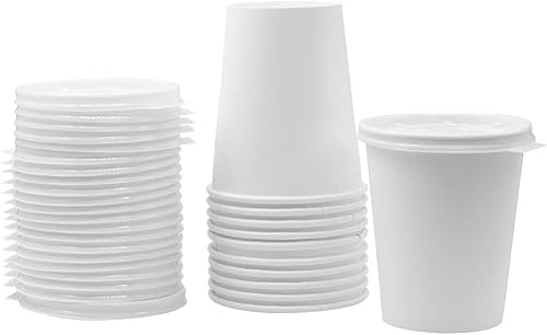 [Paquete de 50] Tazas de café espresso desechables de papel blanco de 4 onzas con tapas blancas, tazas de té caliente desechables de papel blanco,