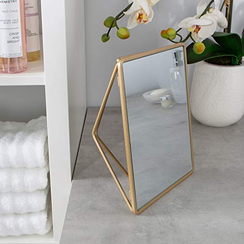 Home Details Free Standing Geometric Vanity Mirror, Horizontal Or Vertical, Make-Up & Shaving Use, Tabletop, Satin Gold #TOP2