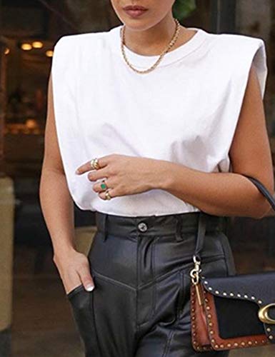SAFRISIOR Women Loose Solid Shoulder Pads Sleeveless T-Shirt Casual Cotton Round Neck Tank Tee Top4