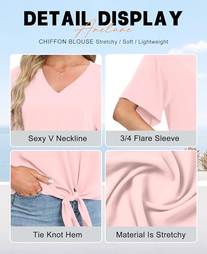 Anelune Ladies'Chiffon Blouses with V-Neck and Front tie Batwing Sleeves Short Sleeves Summer Tops and Shirts Pink - Image 4
