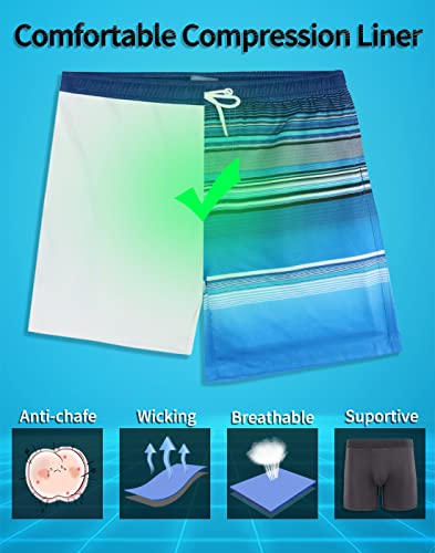 LUCOWEE Mens Swim Trunks with Compression Liner Chafeless Boxer Brief Lined Swimming Trunks Quick Dry UPF 50+ Stretchy 5/7 inch Inseam Bathing Suit Shorts Blue Striped
