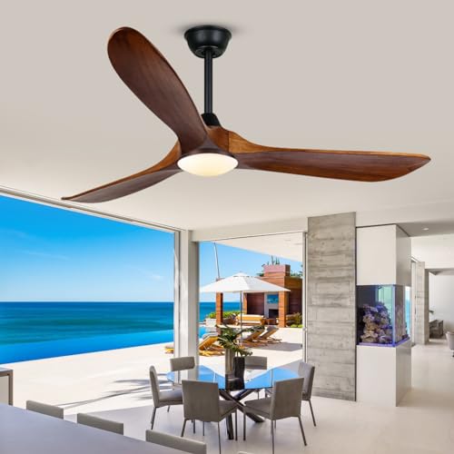 XSGDMN 132cm Deckenventilator Holzige mit Lampe, Outdoor Deckenventilator mit LED Beleuchtung Fernbedienung Leise, Retro Deckenventilatoren mit Licht, Leise DC motor für den Außenbereich, Terrasse