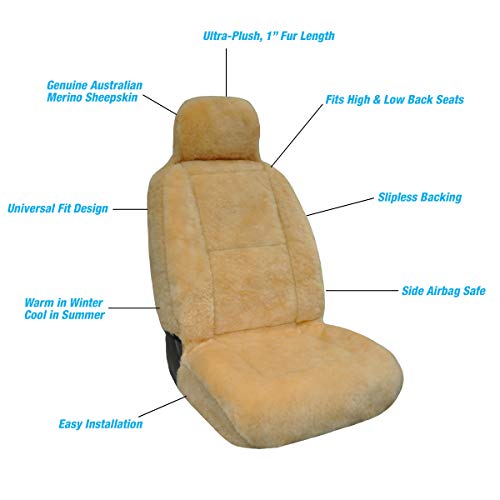 Image of Eurow Australian Merino Sheepskin Car Seat Cover, Plush Universal Fit for Most Vehicles, Summer Cool & Winter Warm, Side Airbag Safe, Easy Installation, 56 x 23 Inches, Single Seat, Beige