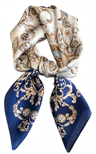 MEDUOLA Damen Halstuch aus Kunstseide Blumen und verschiedene Muster Druckschal Elegantes Accessoire 70CM x 70CM Quadratisches Tuch Maiglöckchen Blau