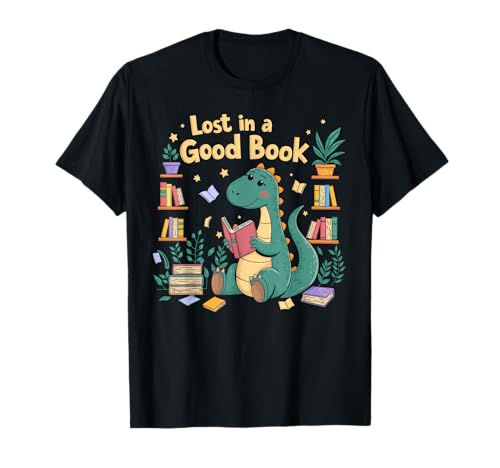 Lost in a Good Book Cute Reading Dinosaur Illustration T-Shirt