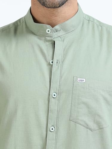 Image of Men's Cotton Linen Chinese Collar Full Sleeve Casual Shirt | Mandarin Collar Stylish Regular Fit Shirt