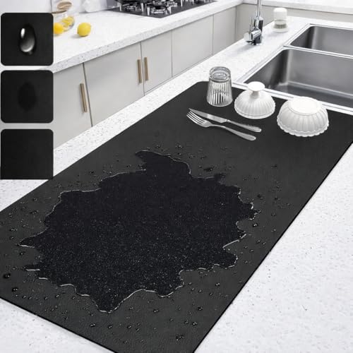 Super Absorbent Kitchen Dish Drying Mat – 60x40 cm Anti-Slip Diatomite Drying Pad for Kitchen Counter, Quick Dry Coffee Machine Mat, Multipurpose Waterproof & Heat Resistant Mat (Black)
