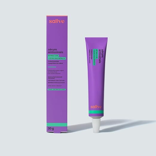 Conjunto composto pela caixa de papelão roxa e a bisnaga de 30g do Sérum Antissinais Sallve