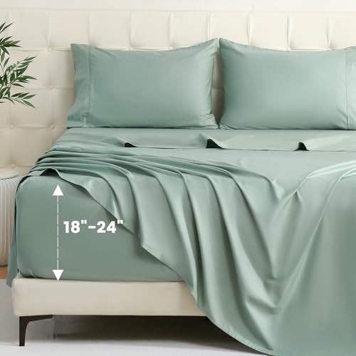 Bedlifes King Sheet Set, Extra Deep Pocket 18-24 Inches,1000Thread Count 100% Egyptian Cotton, Soft and Breathable Sateen 4-Piece,Sage Green