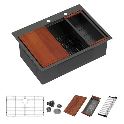 Dcolora 28 Inch Black Kitchen Sink Drop In, Nano-PVD Black Stainless Steel Workstation Sink Single Bowl Topmount with Accessories All-In-One, #DC-T8862 28"x22"x10"
