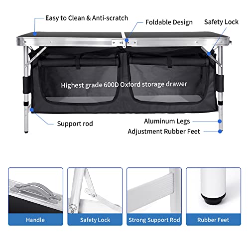 Moosinily 4 Feet Folding Table Aluminum Portable Camping Table Adjustable Picnic Table With Oxford Storage Organizers For Outdoor Travel Beach Backyards Bbq Party Picnic Black #TOP3