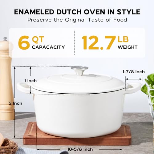 Onader 6 Quart Dutch Oven Pot with Lid, Enameled Cast Iron Round Dutch Oven for Sourdough Bread Baking - White