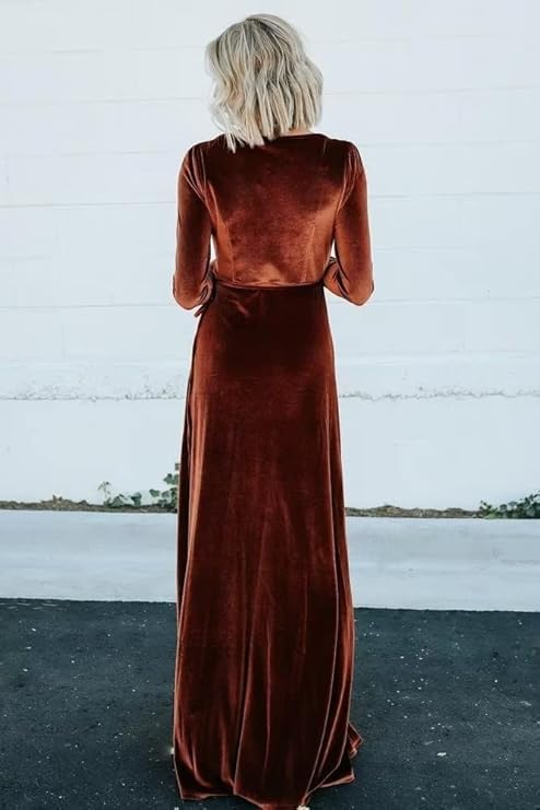 Velvet Formal Bridesmaid Dresses for Women V Neck Long Sleeve Evening Gowns2