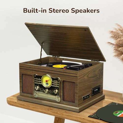 Image of FEKTIK Bluetooth Record Player 10 in 1,FEKTIK 3-Speed Turntable for Vinyl with Speakers, LP to MP3 Converter, CD, Cassette Player, FM Radio, Wireless Streaming | Wooden
