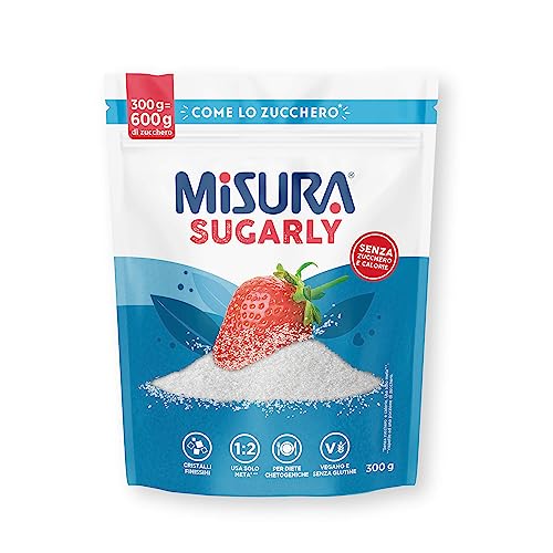 Misura Sugarly, Dolcificante Senza Retrogusto, Zero Calorie, Cristalli Finissimi come lo Zucchero, Senza Aspartame, Senza Glutine, Vegano, Sostitutivo dello Zucchero, Confezione Richiudibile, 300g