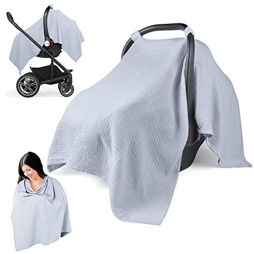 Image of Muslin Baby Car Seat Covers Carseat Canopy for Babies, Lightweight Breathable Infant Carseat Cover Boy, Shower Gifts for Unisex Boys and Girls（Grey）