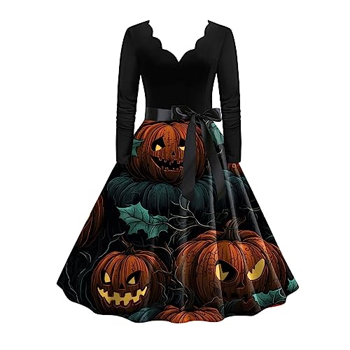 Generisch Halloween kostüm Damen große größen Kleid Gothic Hexe kürbis, 2025 Halloween Kostüm Kleid Damen - Wednesday Kürbis Gothic Totenkopf...