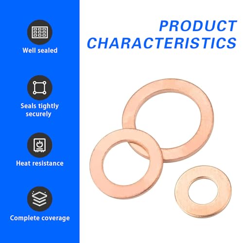 Image of 200 PCS Car Copper Flat Crush Washer Gasket Sets, M5 M6 M8 M10 M12 M14 Multi-Specification Oil Drain Plug Crush Washer, Tight Fit Leak-Proof Seals with Storage Box, Universal for Most Cars (Gold)