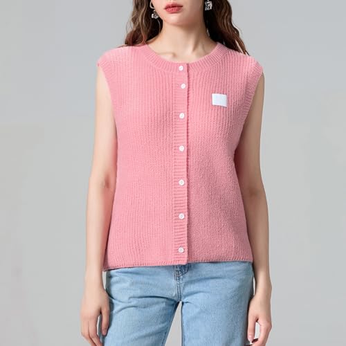 Image of Women Knitted Tank Tops Vintage Sleeveless Button Down Solid Color Button Front Basic Vest Summer Sweater Shirt (Pink, XL), X-Large
