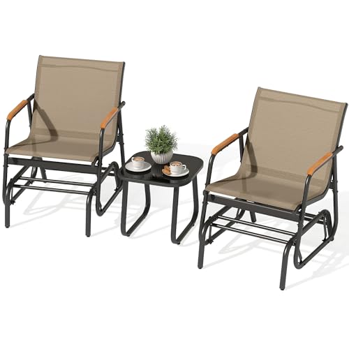YITAHOME 3 Piece Patio Furniture Set, Outdoor Glider Chair Bistro Set, Coffee Table with Tempered Glass Tabletop, Patio Textilene Chairs Set of 2 for Backyard, Lawn, Garden, Balcony and Porc