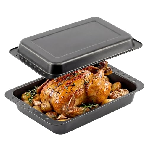 GEEZY 2-in-1 Deep Roasting Tin with Lid 41 x 26.5 cm - Non Stick Baking Tray Set for Meat Chicken Lasagne & Vegetables - Carbon Steel Oven Dish Pan Kitchen Cookware
