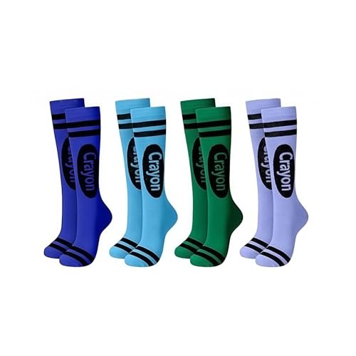 Liiusgelad Crayon Socks 4-Pack with Box Fun Rainbow Pencil Knee High Stockings for Women & Girls Halloween Costume Socks