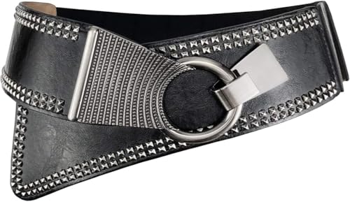 Women's Fashion Vintage Wide Waist Belt Elastic Stretch Cinch Belts With Interlock Buckle, Black, One Size