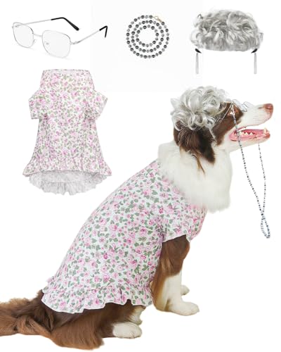 VISTARAFT 4P Funny Granny Wolf Dog Pet Costume – Halloween Old Lady Costume for Medium and Large Dogs – Includes Dress, Wig, Glasses & Chain Pet Halloween Party Inspired by Fairy Tales