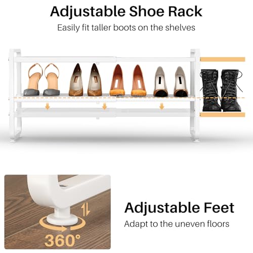 Image of SNTD Shoe Rack - Expandable Shoe Organizer for Closet, Adjustable Metal Shoe Shelf Storage, Stackable Long Shoe Stand Holder for Garage, Entryway, Door Entrance (White, 2-Tier)