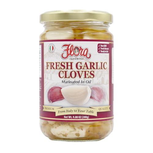 Flora Foods Italian Whole Garlic Cloves in Water Brine – Peeled & Ready to Eat – 10 oz Jar – Imported from Italy
