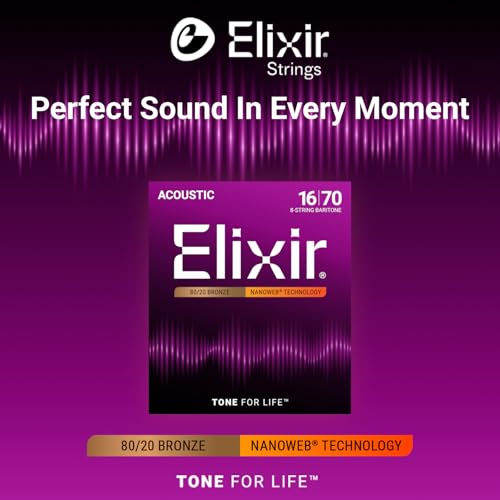 Image of Elixir Strings, Acoustic Guitar Strings, 80 /20 Bronze with NANOWEB Technology, Longest-Lasting Bright and Focused Tone For Life with Comfortable Feel, 8-String Set, Baritone 16-70