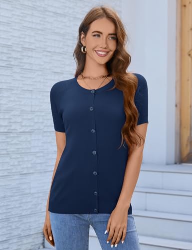 Image of FreshNight Women's 2025 Short Sleeve Cardigan Button Up Hollowed Out Crewneck Shrug Sweaters Knit Sweater Tops Lightweight
