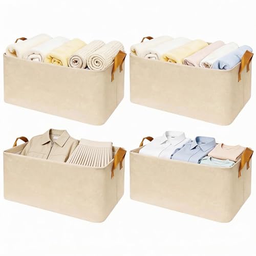 4 Packs 26L Large Storage Baskets,Double Layer Fabric Closet Storage Bins with Handle, Sturdy Foldable Storage Boxes for Clothes Toys Home Office Storage (Beige)