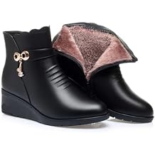 Womens Winter Warm Platform Wedges Ankle Booties Soft Leather Platform Side Zipper Sparkling Rhinestones Fully Fur Lined Thickening Snow Boot