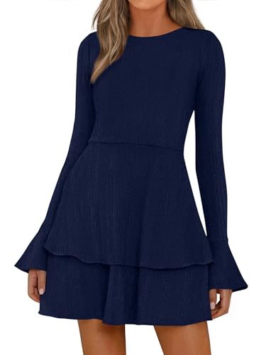 PRETTYGARDEN Womens Fall Fashion 2025 Long Bell Sleeve Mini Sweater Dress Casual Crewneck A Line Knit Short Cocktail Dresses(Navy Blue,X-Large)