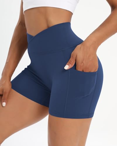 Image of Workout Shorts for Women 2 Pcs Pack Cross Waist Active Gym Spandex Stretchy Yoga Compression with Side Pockets
