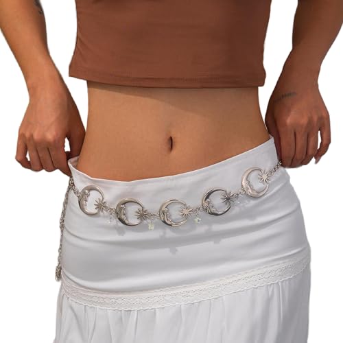 Metal Link Chain Belly Belt,Silver Sun Moon Pendant Waist Chain Belt,Summer Sunflower Waist Jewelry,Stars Waist Belt for Women Dress Pants4