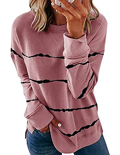Yieune Pullover Damen Langarmshirts Gestreift Oversize Tunika Oberteil Sweatshirt Herbst Casual Pulli (Rosa, S) Cover
