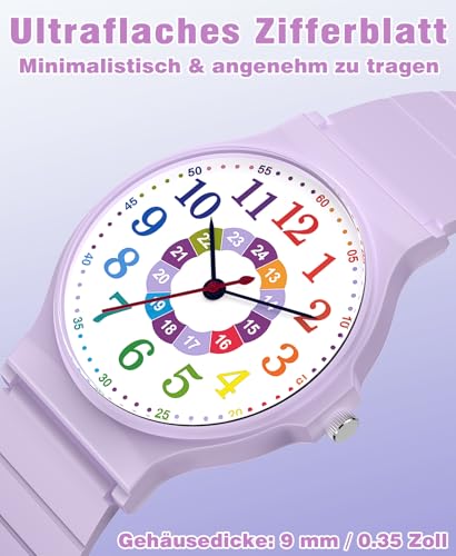 SOCICO Kinder Analoguhr Jungen Mädchen, 30M Wasserdicht Leicht Ablesbar für 5-15 Jahre, Tolle Geburtstags Kinder (Lila-Buntes)