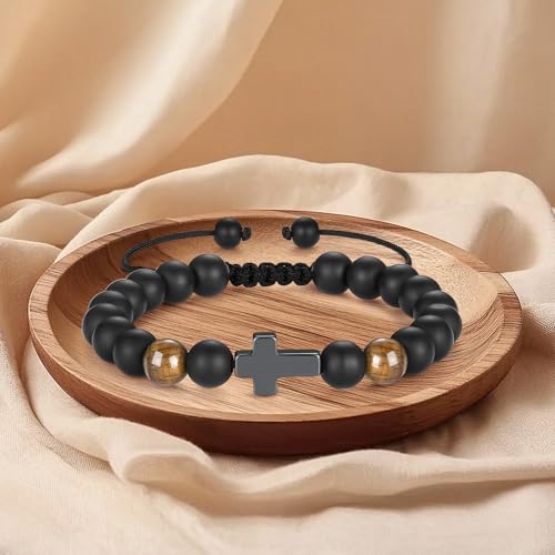 Pulsera de comunión para niño con cruz de cuentas negras y diseño elástico ajustable 7