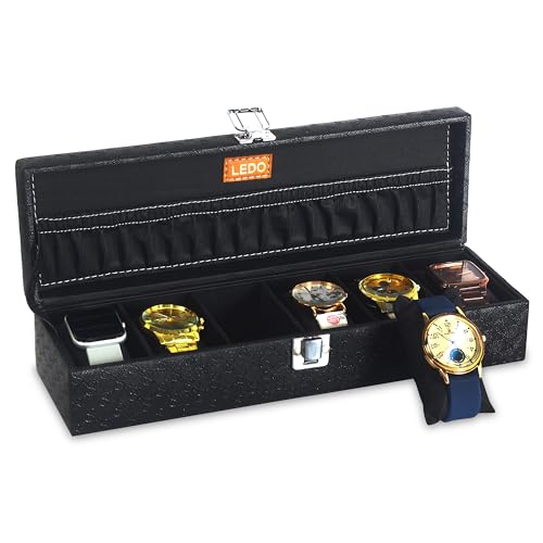 Image of LEDO Luxury Watch Storage Box, 6-Slot Watch Display Case Organizer with Metal Clasp, Black PU Leather, Black Interior