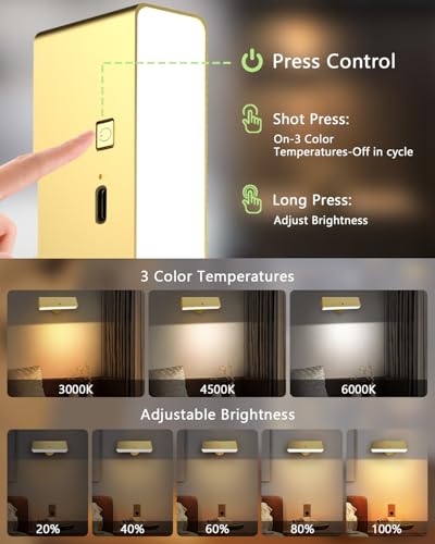 Image of iThird Battery Operated Wall Sconce Set of 2, Gold Rechargeable | Type-C 5V 1A charging, 360 rotation, 3000K /4000K /6000K, remote and button control