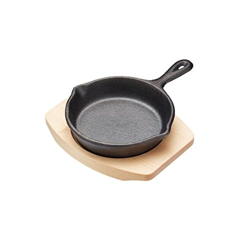 Artesà Mini Frying Pan with Wooden Serving Board in Gift Box, Round, Cast Iron, 11.5 x 10.5 (without handle), Black/Beige Cover