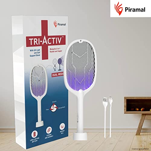 Tri-Activ-Mosquito-Racket-2-in-1-Dual-Mode-Rechargable-Bat-Zapper-by-Piramal-with-UV-Light-self-Supporting-Stand-Insect-Killer-Fly-Swatter-1200-mAh-Li-ion-Battery-White