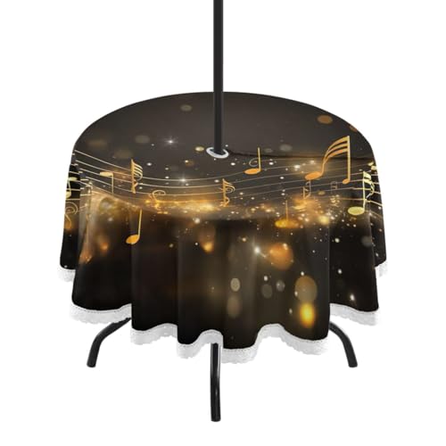 Wajiw 60 Inch Indoor Outdoor Round Tablecloth with Umbrella Hole and Zipper Waterproof Patio Table Cover for Camping Dining Room Party Outdoor Picnic,Gold Musical Notes