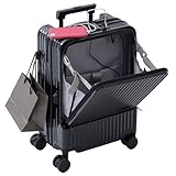 [山善] キャリーケース フロントオープン 機内持ち込み Sサイズ 35L スーツケース ストッパー付き 軽量2~3泊用 ドリンクホルダー USBポート付き 幅37×奥行22.5×高さ54cm キャリーバッグ キャスター交換可 TSAロック ブラック KK022ーS(BK)