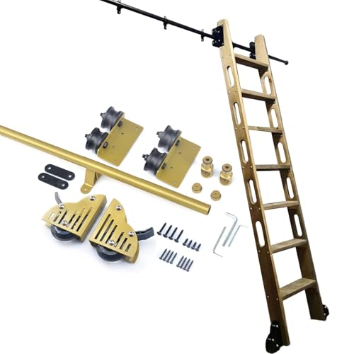 Kit de Escalera rodante para Biblioteca, riel Deslizante Dorado (sin Escalera) para Barra de librería Tipo Loft, Sistema de Rodillos metálicos, herrajes móviles(300cm Kit de Pista)