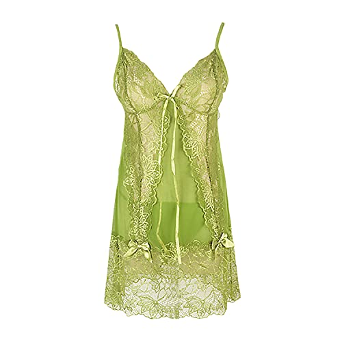 Sheer Lace Dress Chemise for Women See Through Sexy Teddy Lingerie Nightwear Mesh Babydoll V Neck Strap Sleepwear (Green,Medium)