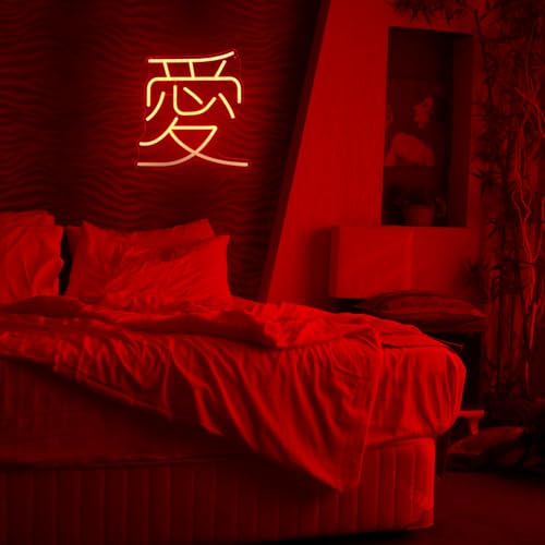 Image of Japanese Love Neon Sign Red Love Kanji LED Sign for Bedroom Bar Party Decor | Dimmable Japan Symbol Neon Wall Sign, Chinese Character Neon Lights, Acrylic Words Neon Light Up Signs, Valentine's Day Gifts
